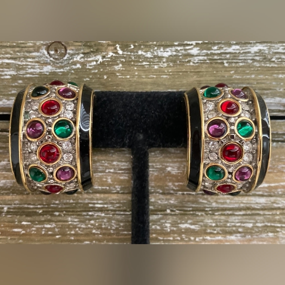 SWAROVSKI Vintage 1990's Black And Gold Classic Gripoix Hoop 